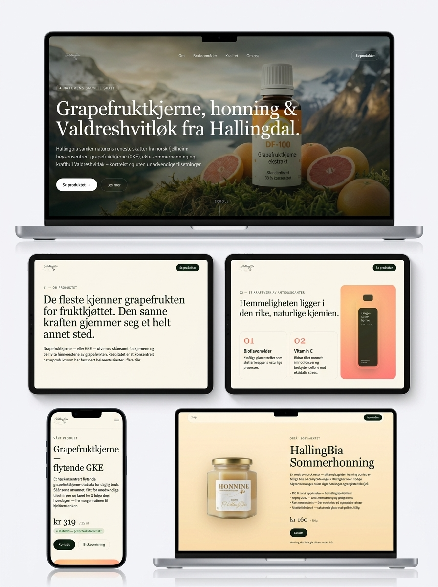 Presentasjon av en skreddersydd, mobilvennlig nettside for lokalmatprodusenten HallingBia, vist på tvers av laptop, nettbrett og mobil.