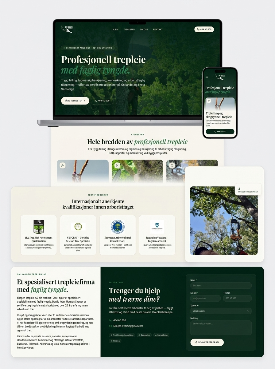 Presentasjon av en profesjonell og konverteringsoptimalisert nettside for Skogen Trepleie AS – vist på laptop, mobil og nettbrett.